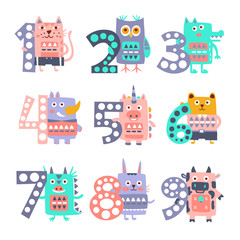 Stylized Funky Animals Standing Next To Digits Sticker Set