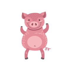 Obraz na płótnie Canvas Pink Pig Standing On Two Legs