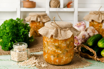 Soup in a jar. Pickle from barley and cucumber