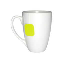 Cup of tea with tea bag (blank label) isolated on white background