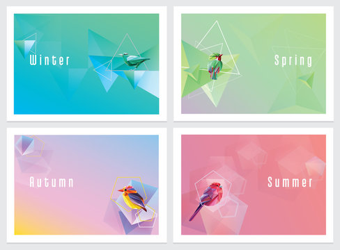 Modern colorful four seasons wallpapers with geometric shapes and birds