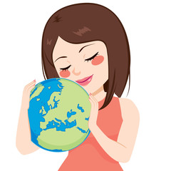 Young beautiful brunette teenager girl hugging world loves earth concept