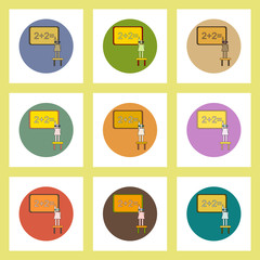 flat icons set of back to school concept on colorful circles first grader writing on school board