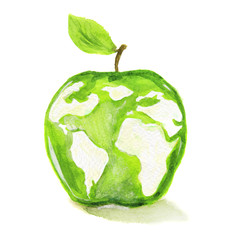 Watercolor apple with world map. Concept of healthy, organic products, eco lifestyle.