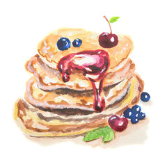 Watercolor stack of pancakes. Pancakes with berries and jam. Traditional american dessert. Tasty breakfast snack.