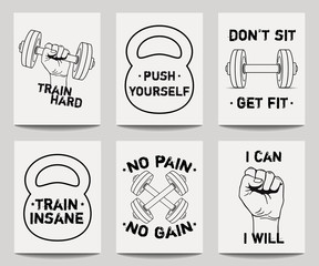 Vector set of modern fitness templates with hands, dumbbells, weight and motivational phrases. Trendy workout backgrounds.