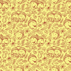 Fall season vector seamless pattern with smiling acorn characters