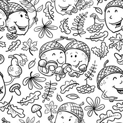 Doodle vector seamless pattern with acorn characters and leaves