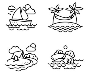 Summer activity black and white icons set in line thin style
