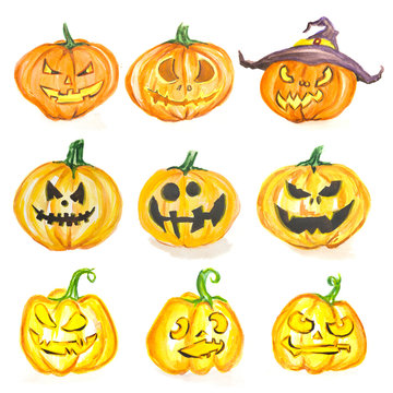Watercolor halloween pumpkin set. Pumpkins with scary faces. Fall or autumn holiday and harvest celebration.