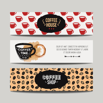Vector set of modern banners with coffee backgrounds. Trendy hipster templates for flyers, posters, invitations, restaurant or cafe menu design. 