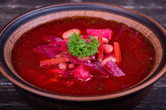 Ukrainian and russian national food - red beet soup, borscht .