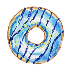 Watercolor blue donut on white background. Isolated donut glazed with blue. American dessert.