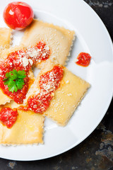 Homemade ravioli with tomato sauce, parsley and parmesan cheese on a white plate, top view.