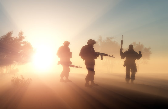 Group of soldiers in the fog.