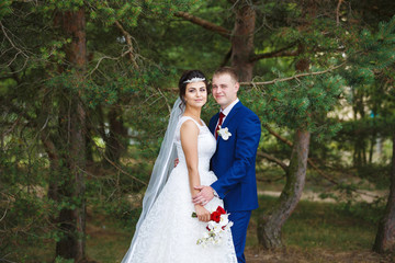 Wedding couple in the pine forest