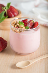 Healthy Strawberry yogurt with fresh strawberries. Selective foc