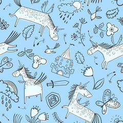 Vector doodle seamless pattern with magic unicorns