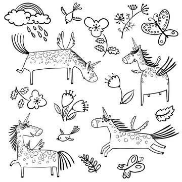 Cute vector doodle cartoon unicorns set