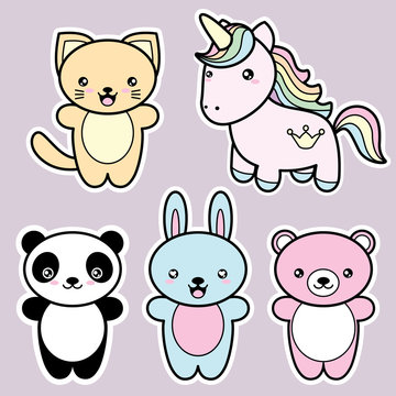 Set collection of cute kawaii style happy smiling animals.