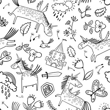 Vector doodle seamless pattern with magic unicorns.