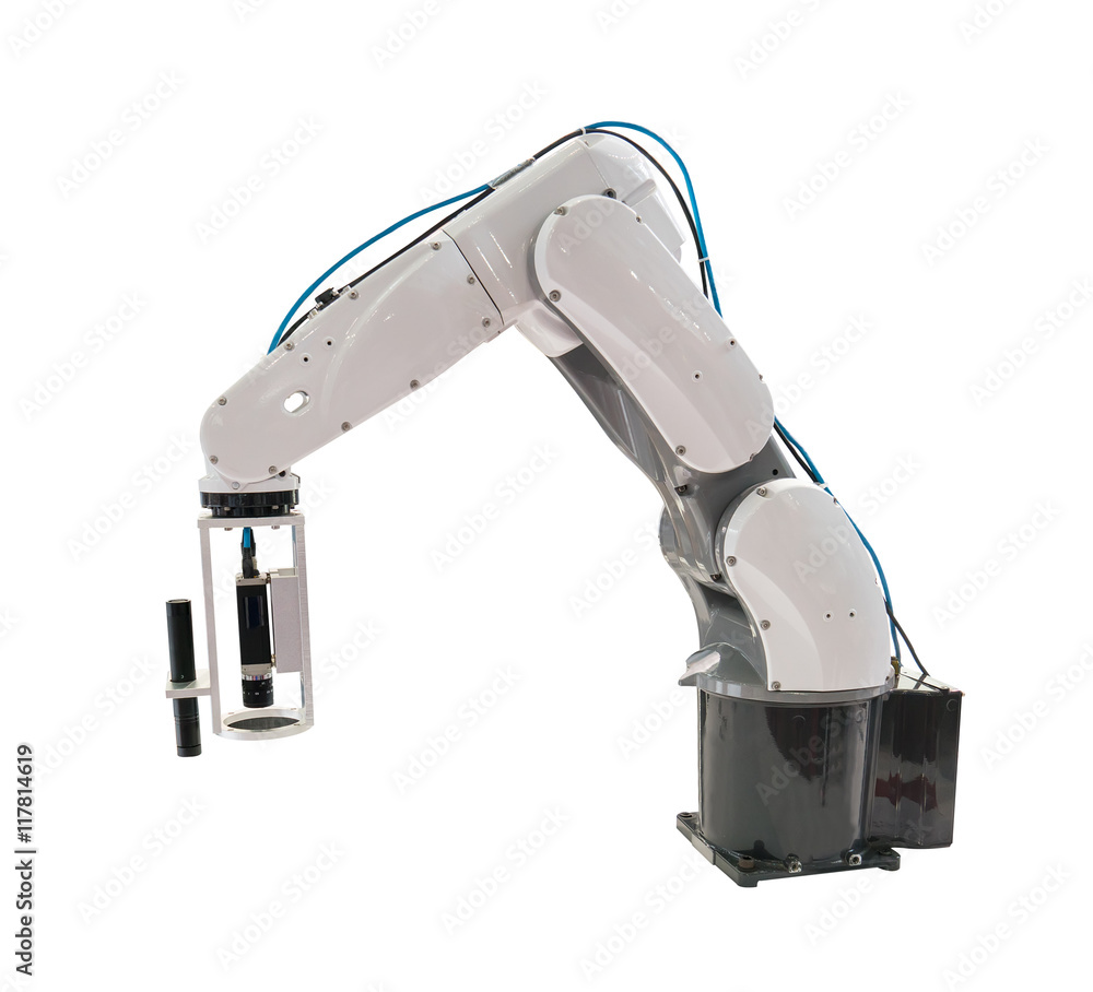 Poster Robotic arm at production isolated on white