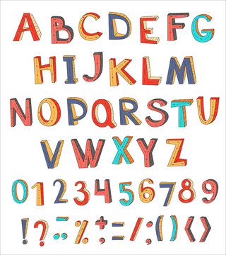 Colorful vector abstract alphabet with numbers and symbols.