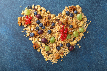 Ingredients for healthy cereal breakfast in shape of heart