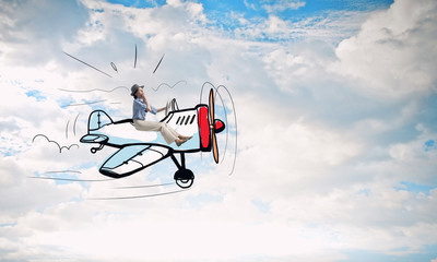 Woman in drawn airplane . Mixed media