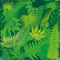Beautiful seamless tropical jungle floral pattern background with different palm leaves. Vector illustration.