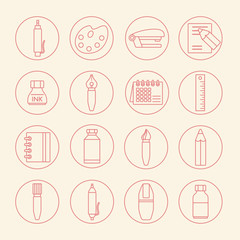 Collection of line style stationery icons on beige background.