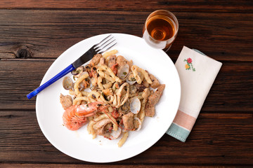 pasta dish (busiate) with fish and seafood