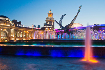 Fountain illuminated near station