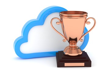 Isoalted bronze cup with cloud on white background. Blue contour cloud. Concept of cloud storage competition. Leader cloud drive. Best storage contest. 3D rendering.