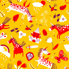 Vector cute seamless pattern with magic unicorns.