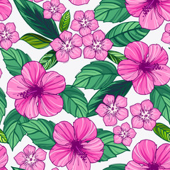 Summer colorful hawaiian seamless pattern with tropical plants and hibiscus flowers.