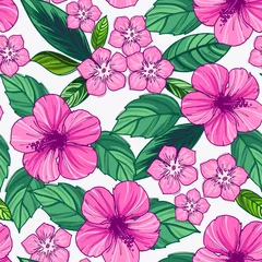  Summer colorful hawaiian seamless pattern with tropical plants and hibiscus flowers. © Ms.Moloko