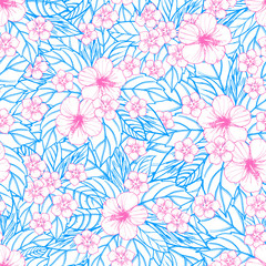 Summer colorful hawaiian seamless pattern with tropical plants and hibiscus flowers.