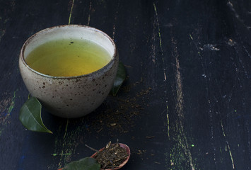 green tea in a bowl on a dark background