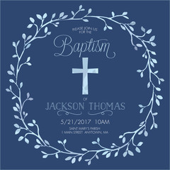 Blue Boy's Baptism/Christening/First Communion/Confirmation Invitation with Watercolor Cross and Floral Wreath Design - Vector