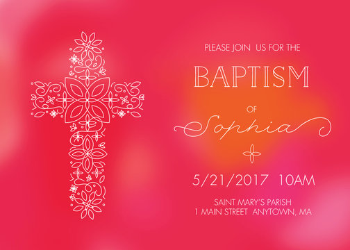 Girl's Baptism, Christening, First Communion, or Confirmation Invitation Card Template with Cross - Vector