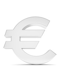 Isolated silver euro sign on white background. European currency. Concept of investment, european market, savings. Power, luxury and wealth. 3D rendering.