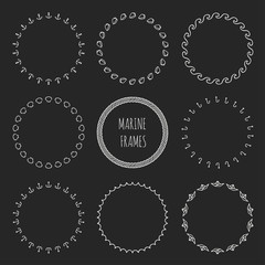 Set of hand drawn nautical hipster pattern. Wreath for invitations and birthday cards. Abstract vector background. Illustration. Graphic style. Doodle art design elements. Marine frame collection. Sea