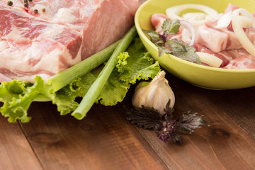 Raw meat on the plate. Wooden background. Close-up