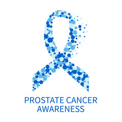 Vector illustration of a sky blue ribbon made of dots on white background. Prostate cancer solidarity symbol. Blue September health awareness month. Medical concept.