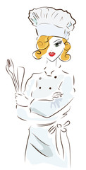 Chef woman with a hat. Illustration of a Cook with Spoon  and a  Fork