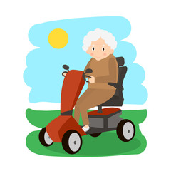 Senior Lady on a Mobility Scooter. Elderly people moving on scooter. Elderly transport.