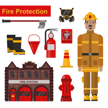 Fireman and firefighter protection equipment vector flat set.