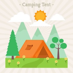 Landscape with orange camping tent