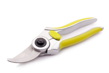 green garden secateurs isolated on a white background